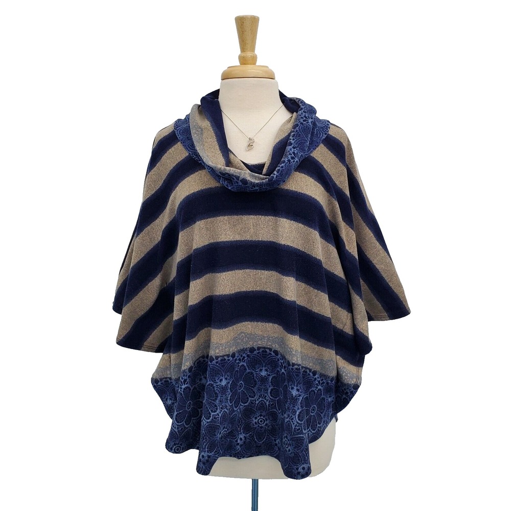 Roz & Ali Womens 1X Blue Beige Striped Cowl Neck Poncho Top Boho Knit Lace Hem